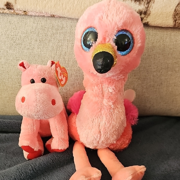 Ty Other - Ty Pink Flamingo and Hippo Plush Set